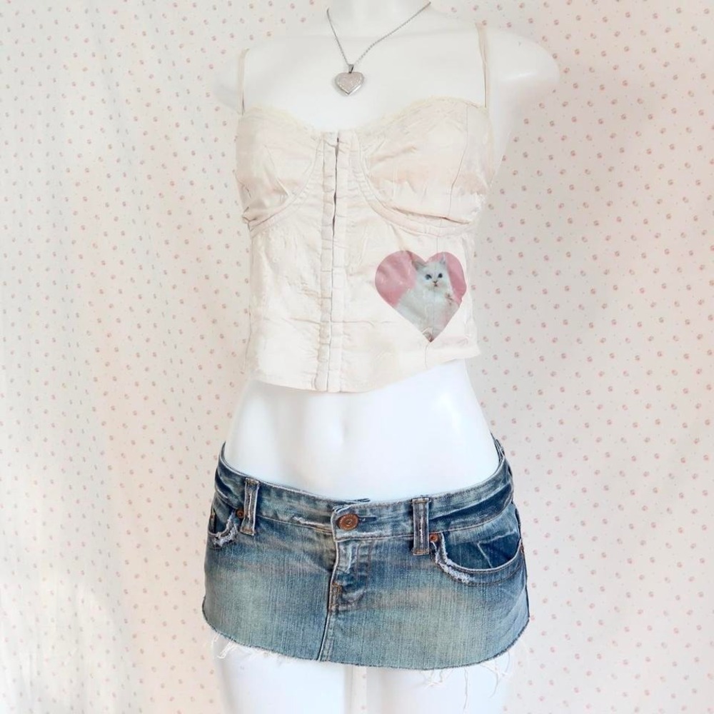 kitten corset top y2k lace bustier coquette cream cami kitten graphic